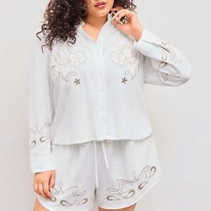 Cider White and Brown Embroidered Shirt and Shorts Set
